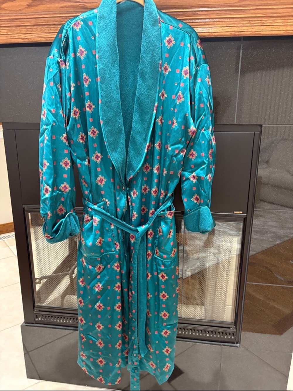 Teal pattern Satin terry Robe with Shawl Collar 2 pockets and waist tie unisex